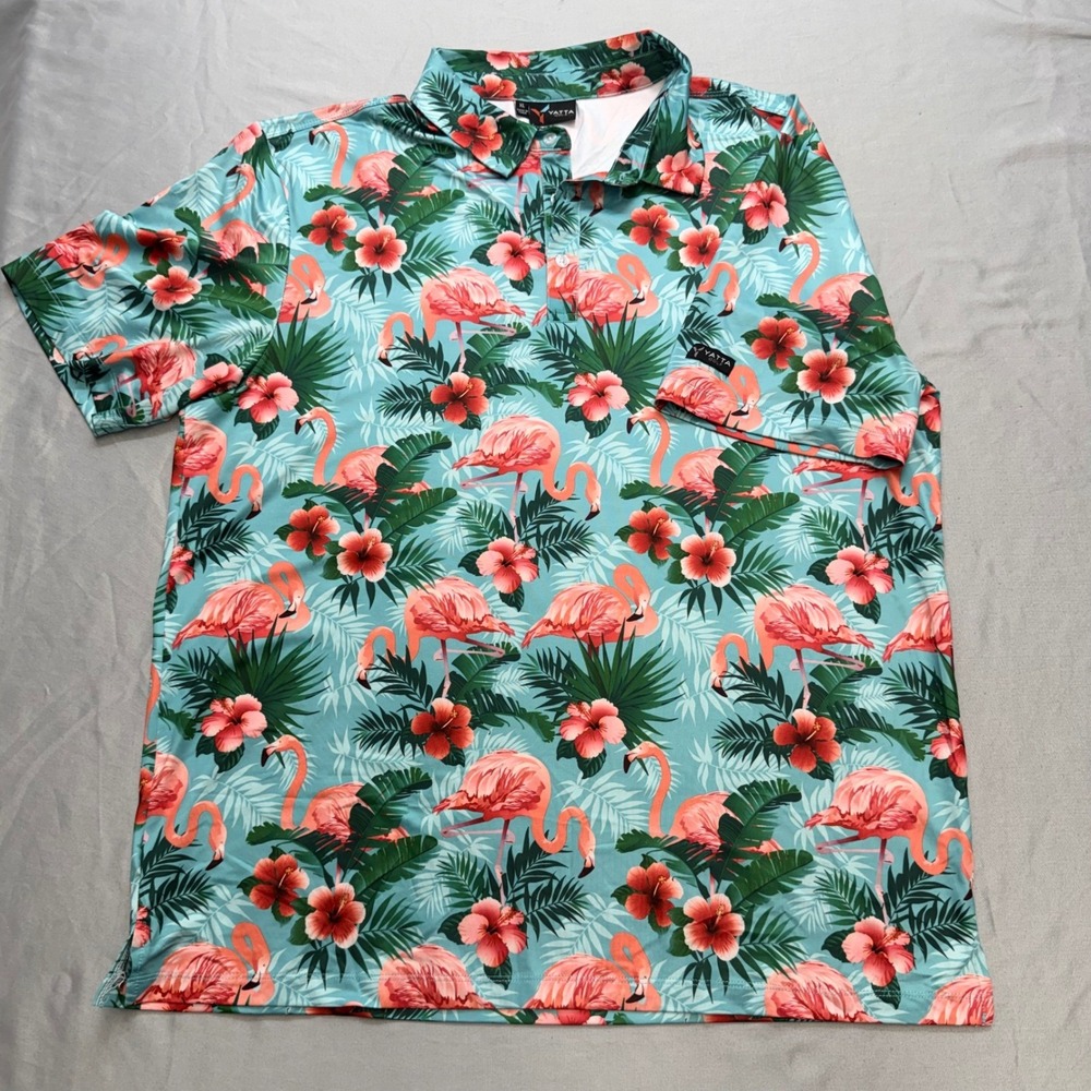 Yatta XL Golf Flamingo Tropical Print Performance Polo Shirt Turquoise Pink